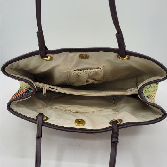 Vintage Rainbow Diagonal  Striped Double Top Handle‎ Straw Handbag Purse - Picture 7 of 10